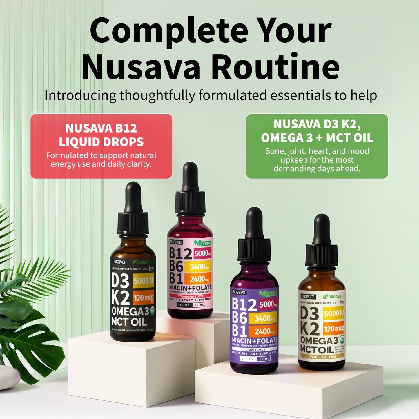 NUSAVA (2 Pack) Vitamin B12 Liquid Drops with B6, B1, Niacin & Folate — B12 Sublingual Vitamin B Complex, Methylcobalamin 5000 mcg, for Energy, Brain & Heart Support, Raspberry Flavor, 80 Servings