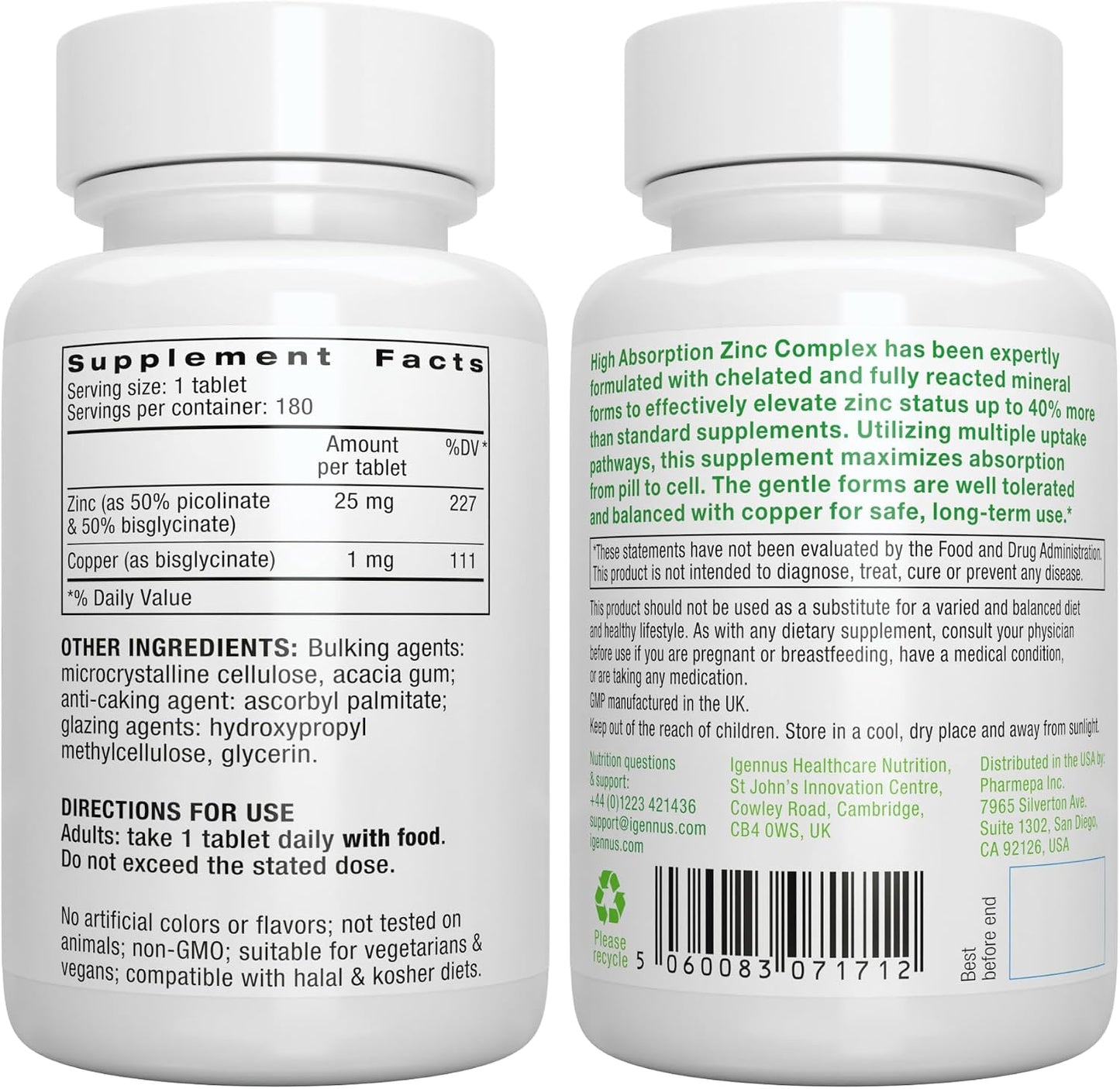 Igennus Chelated Zinc Complex 25mg with Copper, Picolinate & Bisglycinate | Fully Reacted, High Bioavailability & Gentle Digestion, Clean & Third-Party Tested, Immune & Skin Support, 6 Month Supply