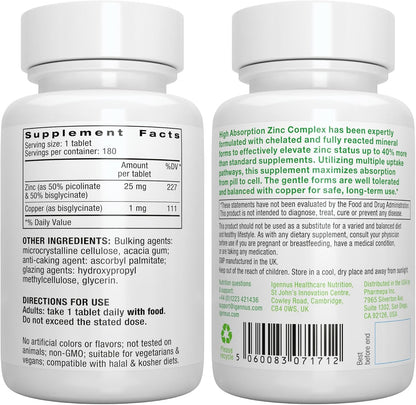 Igennus Chelated Zinc Complex 25mg with Copper, Picolinate & Bisglycinate | Fully Reacted, High Bioavailability & Gentle Digestion, Clean & Third-Party Tested, Immune & Skin Support, 6 Month Supply