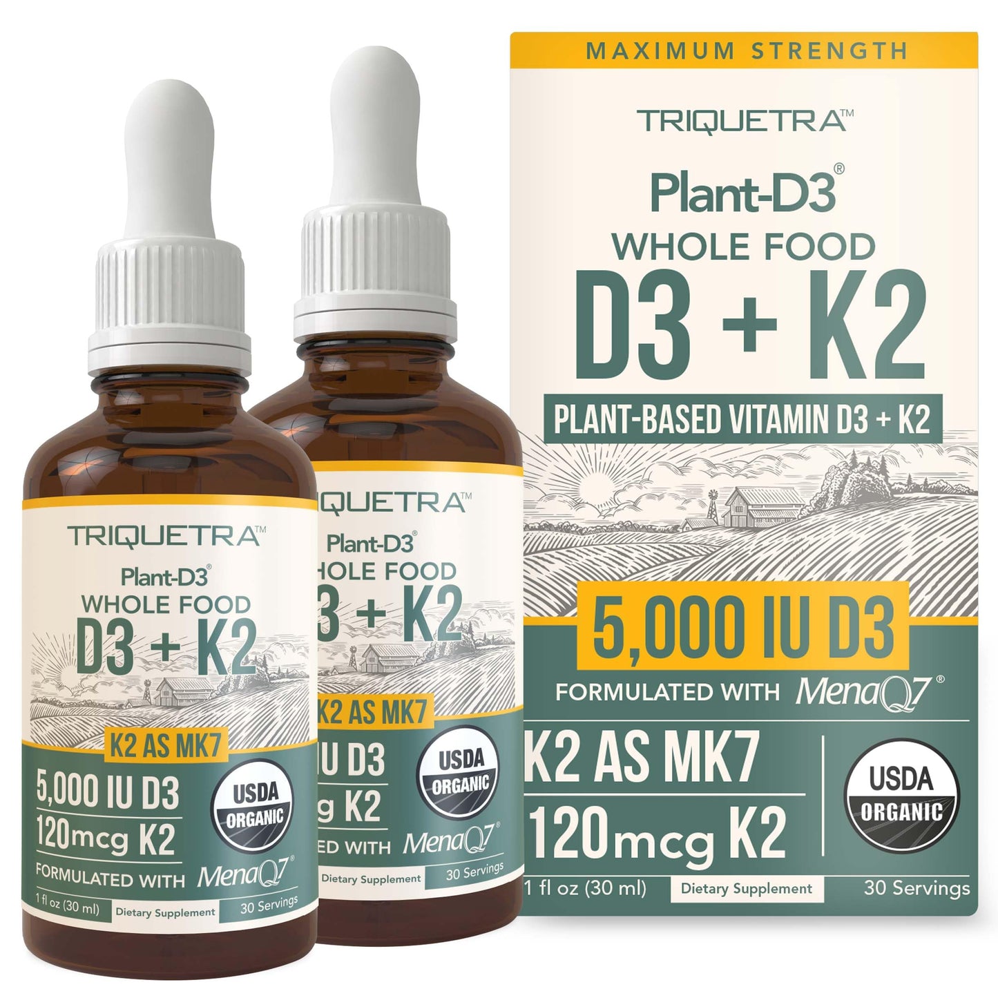 Organic Plant D3 + K2 | 5000 iu D3 + 120 mcg K2 as All-Trans MK7 from MenaQ7® - 100% Whole Food, Raw & Vegan | Enhanced Digestion with Prebiotic & Superfood Complex – D3 from Organic Algae (60 Count)
