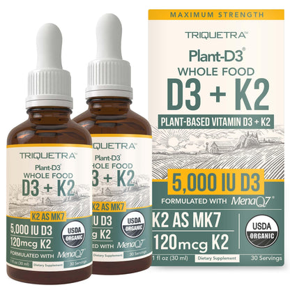 Organic Plant D3 + K2 | 5000 iu D3 + 120 mcg K2 as All-Trans MK7 from MenaQ7® - 100% Whole Food, Raw & Vegan | Enhanced Digestion with Prebiotic & Superfood Complex – D3 from Organic Algae (60 Count)
