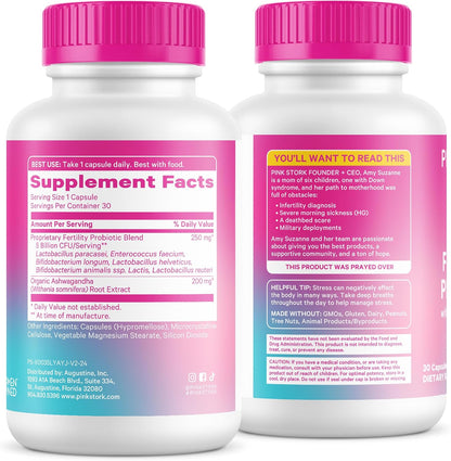 Pink Stork Fertility Support Probiotics for Women with Ashwagandha for Vaginal Health, Conception, pH Balance, Hormone Balance, and Gut Flora, Fertility Supplements for Women, 30 Capsules