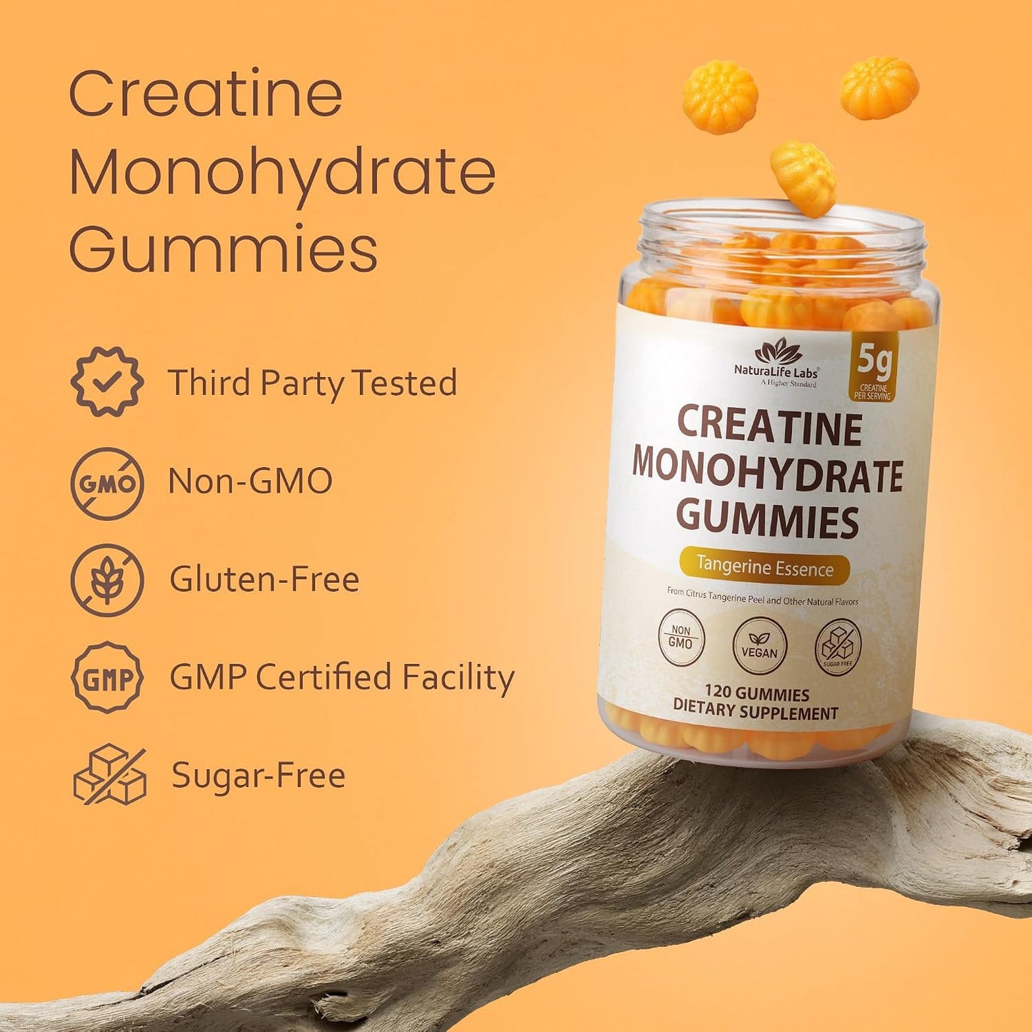 NaturaLife Labs Creatine Monohydrate Gummies - 5g per Serving - Tangerine Flavor - 120 Gummies - Gluten-Free, Non-GMO, Vegan, Sugar Free