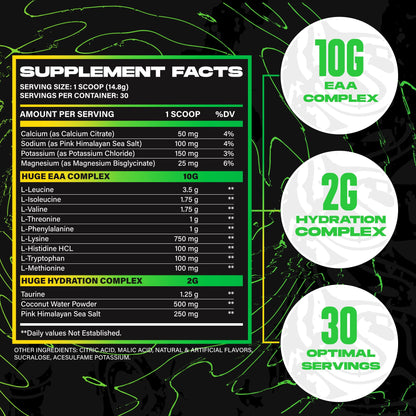 Huge EAA + Hydration, Essential Amino Acids Powder, EAAs & BCAAs, Intra & Post Workout Recovery Powder, Muscle Growth, Recovery & Performance, 10g EAAs & Electrolytes, Kiwi Blueberry, 30 Servings