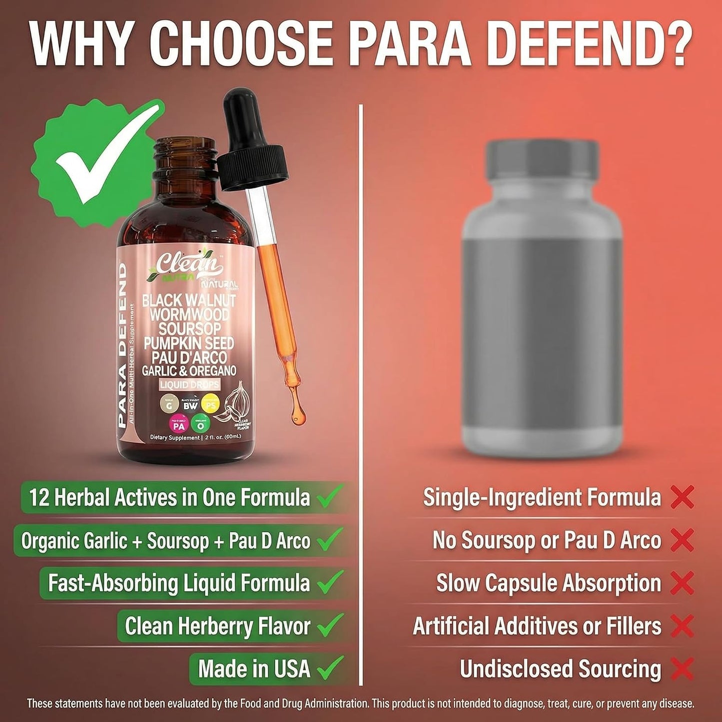 para Defend Wormwood Black Walnut Cleanse for Humans Drops Liquid Soursop Garlic Pumpkin Seed PAU D'Arco Oil of Oregano Turmeric Berberine Neem Extract Hull Bark Tincture by Clean Nutra