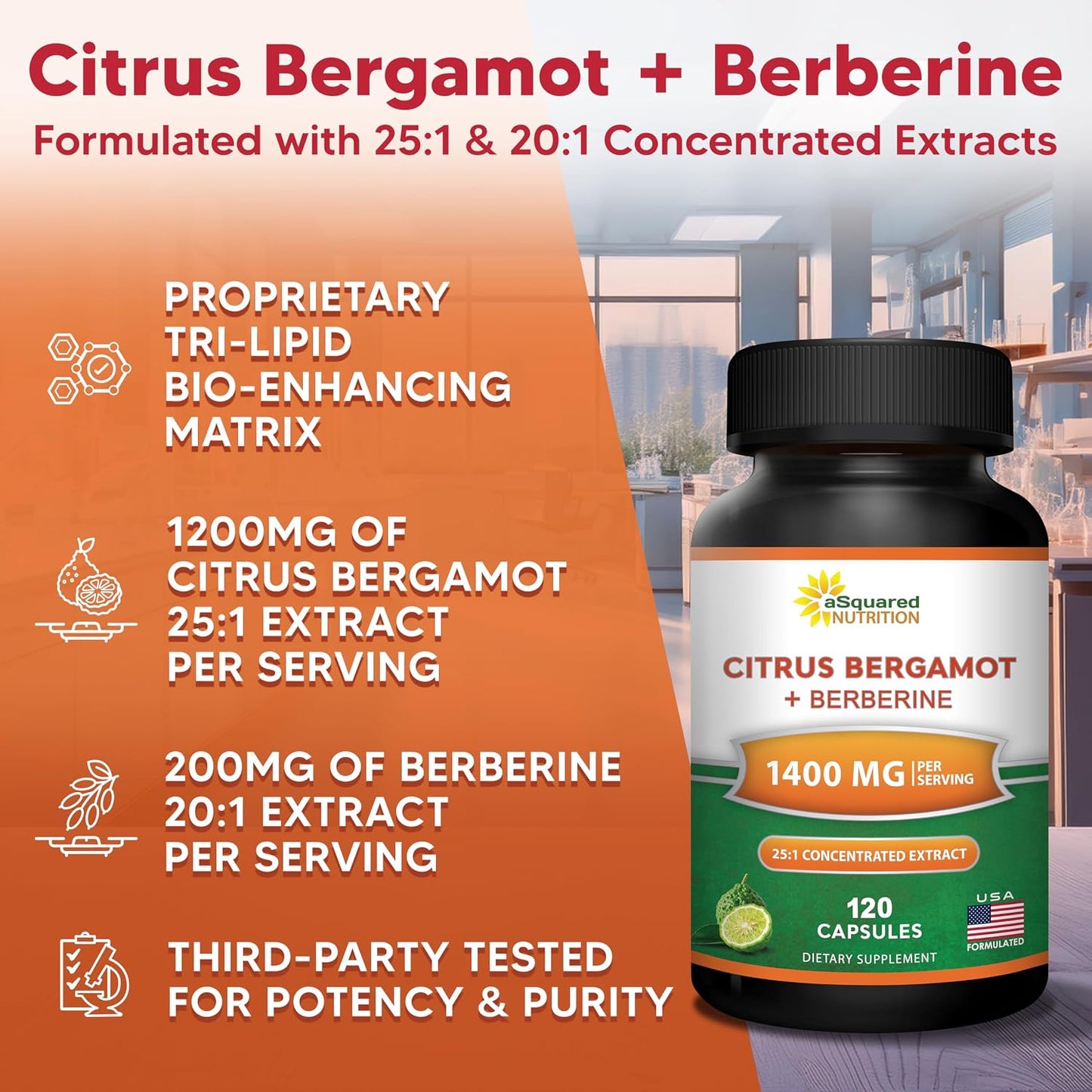 Citrus Bergamot with Berberine Supplement - 1400mg/Serving - 120 Capsules | Max Strength Citrus Bergamot Complex - Supports Cardiovascular Health - Pills Alternative to Gummies & Liquid Drops
