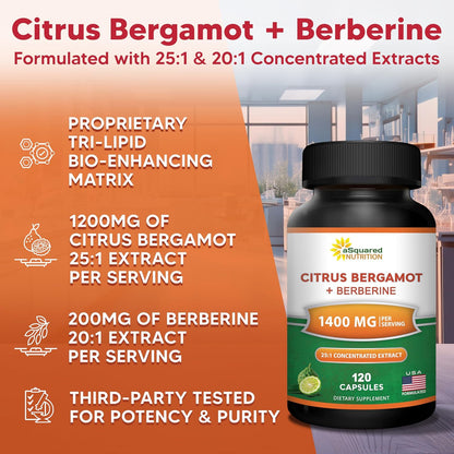 Citrus Bergamot with Berberine Supplement - 1400mg/Serving - 120 Capsules | Max Strength Citrus Bergamot Complex - Supports Cardiovascular Health - Pills Alternative to Gummies & Liquid Drops