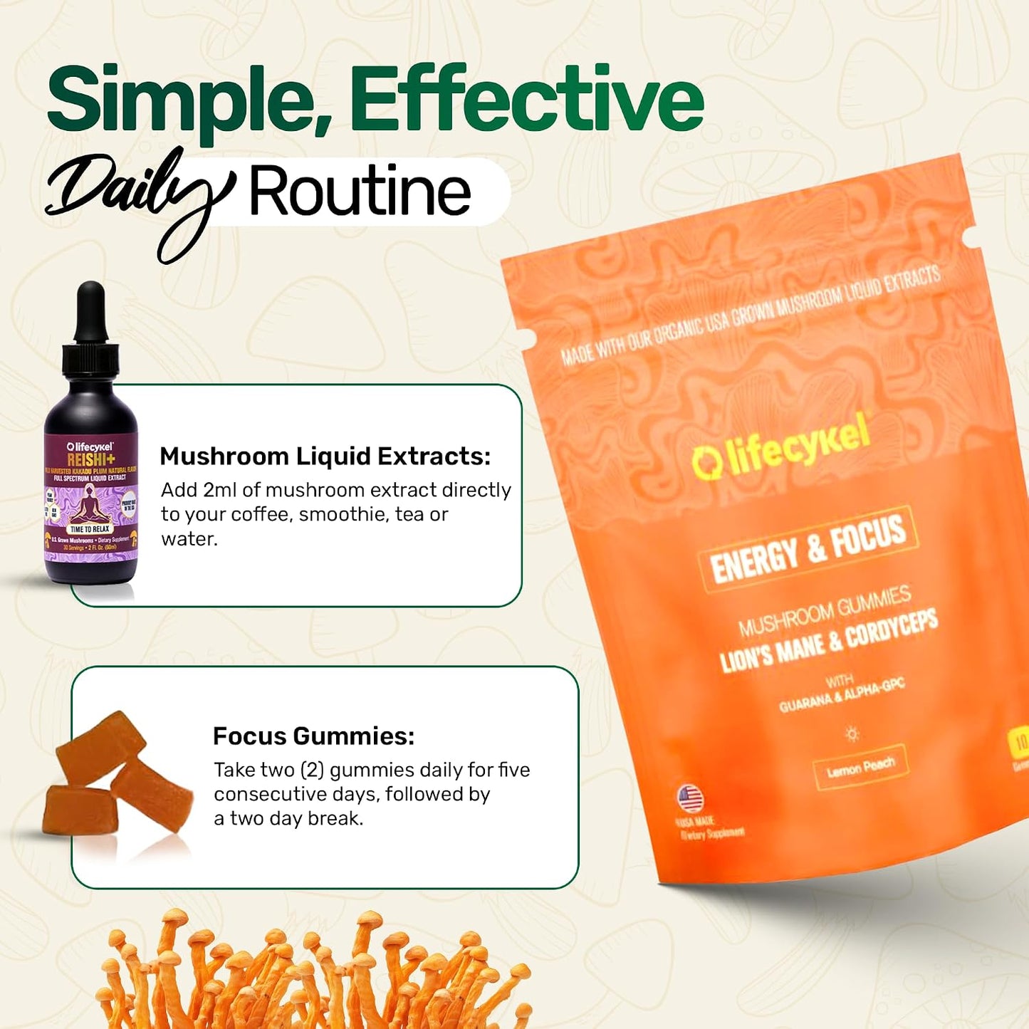 Life Cykel Cordyceps & Reishi Mushroom Extract Liquid Duo – Potent 1oz Tinctures with Included Energy & Focus Gummies (10-Count) for Enhanced Vitality, Immune Support & Mental Clarity