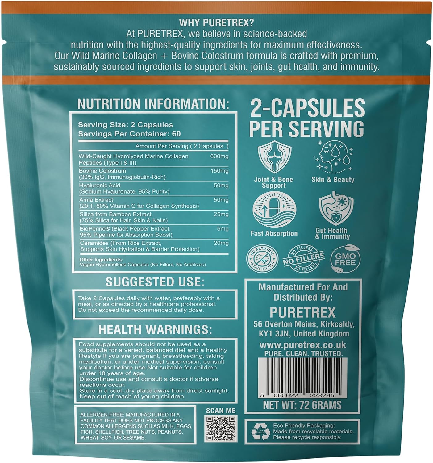 Marine Collagen Peptides Capsules, 120 Capsules with Bovine Colostrum, Hydrolyzed Type I & III Wild-Caught Formula, Hyaluronic Acid, Amla Vitamin C, Silica, Ceramides, BioPerine