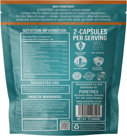 Marine Collagen Peptides Capsules, 120 Capsules with Bovine Colostrum, Hydrolyzed Type I & III Wild-Caught Formula, Hyaluronic Acid, Amla Vitamin C, Silica, Ceramides, BioPerine
