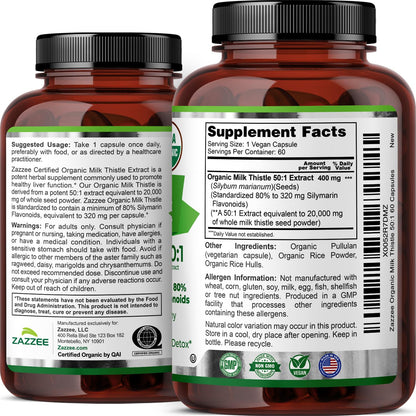 Zazzee USDA Organic Milk Thistle 50:1 Extract, 80% Silymarin Flavonoids, 200 Vegan Capsules, 6+ Month Supply, Silybum Marianum, Liver Support & Detox Support, Organic All-Natural, Non-GMO, Made in USA