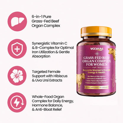 Grass Fed Beef Organ Supplement for Women – New Zealand Bovine Liver Support Supplement, Heart & Kidney – High Potency B12, B6 & Folate Energy Supplements, Fluid Balance & Bloating Relief,120ct