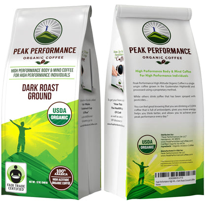 Peak Performance High Altitude Organic Coffee - Fair Trade, Low Acid, Non GMO, and Beans Full of Antioxidants - Medium Roast Smooth Tasting USDA Certified Organic Ground Coffee Bag 12 oz
