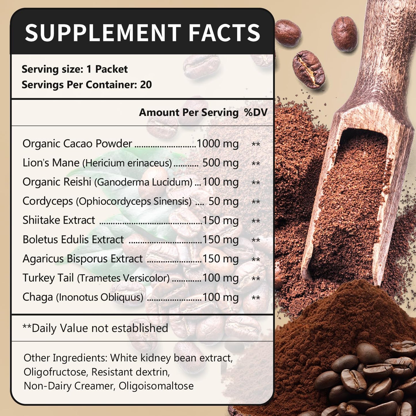 CANLIST Organic 9 in 1 Mushroom Coffee Powder with Lion's Mane & Chaga,Cordyceps, Reishi, Shiitake for Cognitive Focus, Immune Support & Stress Relief, Non-GMO & Vegan Friendly（20 Stick Packets）