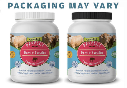 Perfect Bovine Gelatin 100% Grass Fed Beef Gelatin Powder (Cooked Collagen), Brazilian Pasture Raised ~ Large 23.3oz. 60 Serving Container ~ No Fillers, GMOs or Pesticides