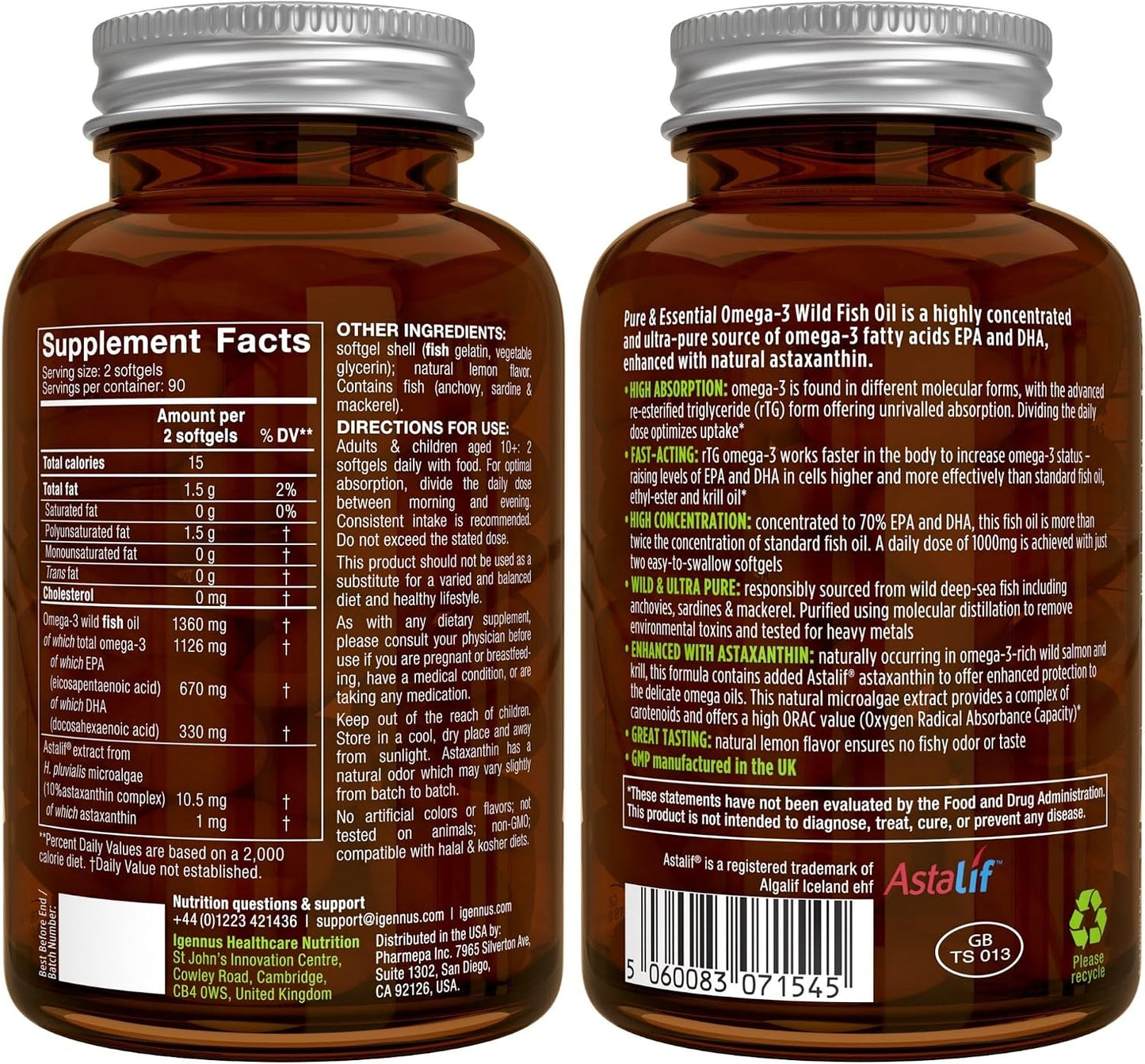 Super B-Complex 180 Tablets & High Absorption Omega-3 Wild Fish Oil 1360mg Bundle, Methylated Sustained Release B Complex and 1000mg EPA & DHA with Astaxanthin, by Igennus