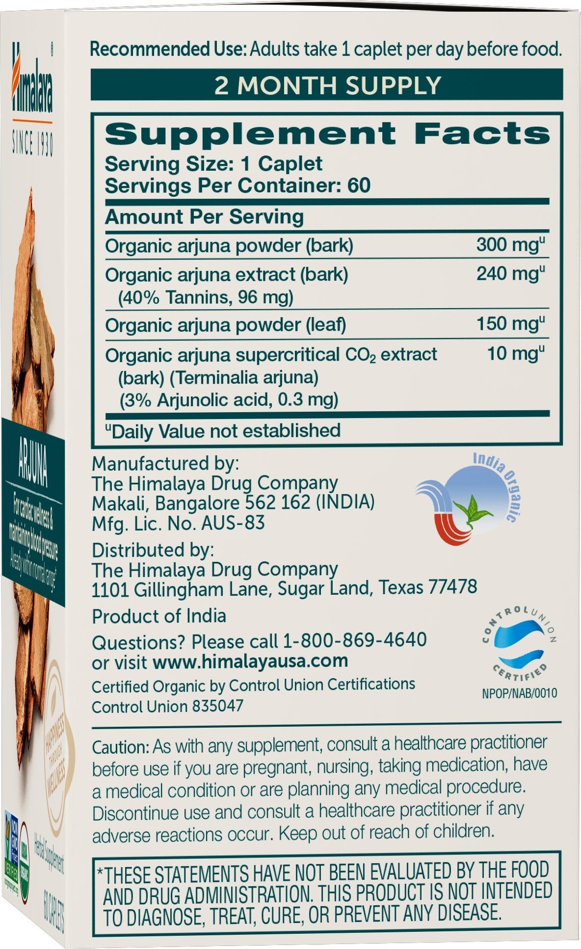 Himalaya USDA Organic Arjuna Capsules, Heart Health, 700 mg, 60 Caplets