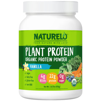 NATURELO Plant Protein Powder, Vanilla, 22g Protein - Non-GMO, Vegan, No Gluten, Dairy, or Soy - No Artificial Flavors, Synthetic Coloring, Preservatives, or Additives - 20 Servings