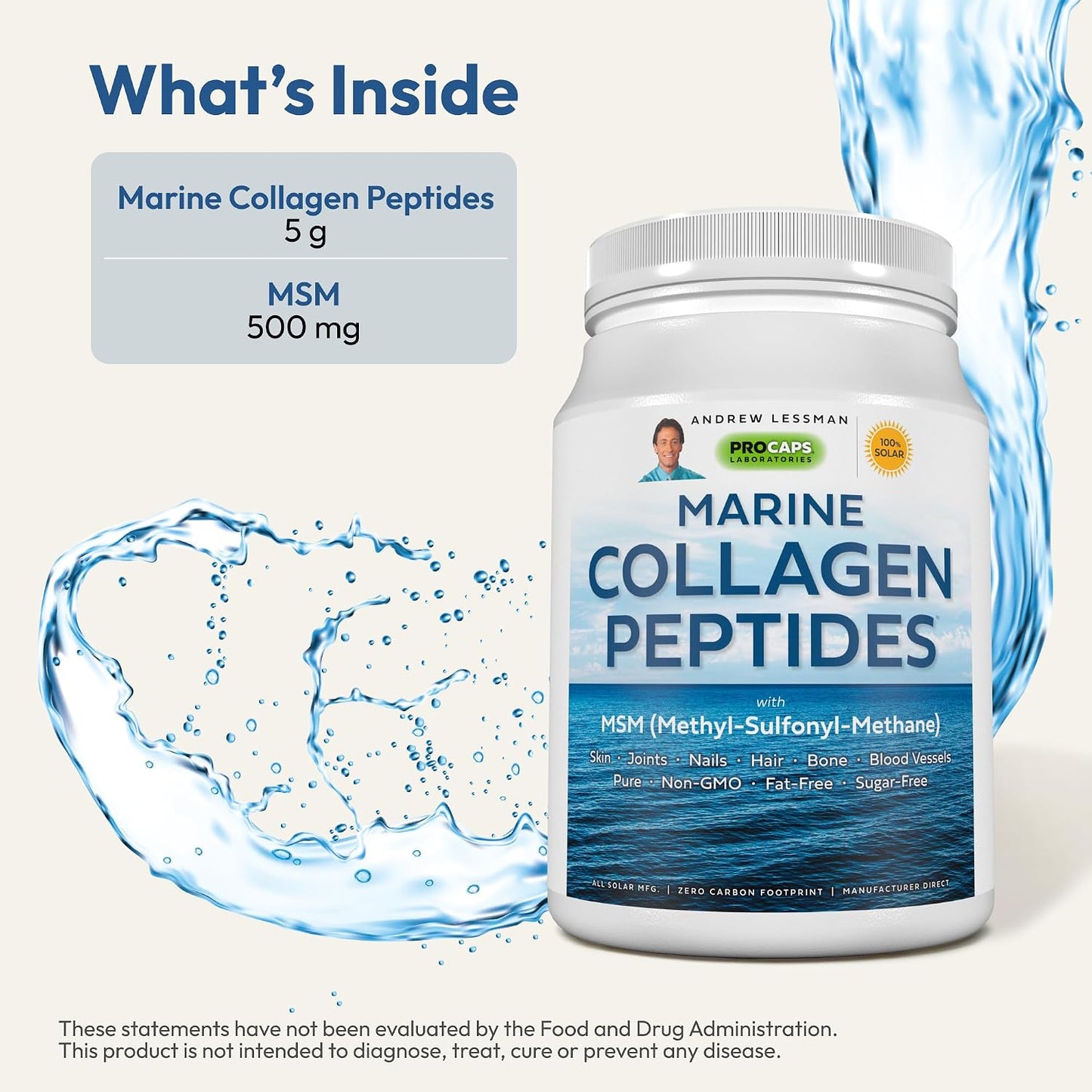Andrew Lessman ProCaps Marine Collagen with MSM Powder 60 Servings | Marine Collagen with MSM supports healthy skin, joints, bones, hair and nails in a pure, unflavored, super-soluble powder.
