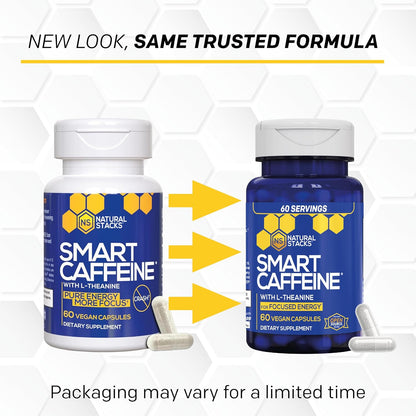 Smart Caffeine Pills w/ L-Theanine 200mg, Energy & Focus Support - 60 Count | 100mg Caffeine Per Serving - No crash or Jitters - Non-GMO & Gluten Free - Natural Stacks