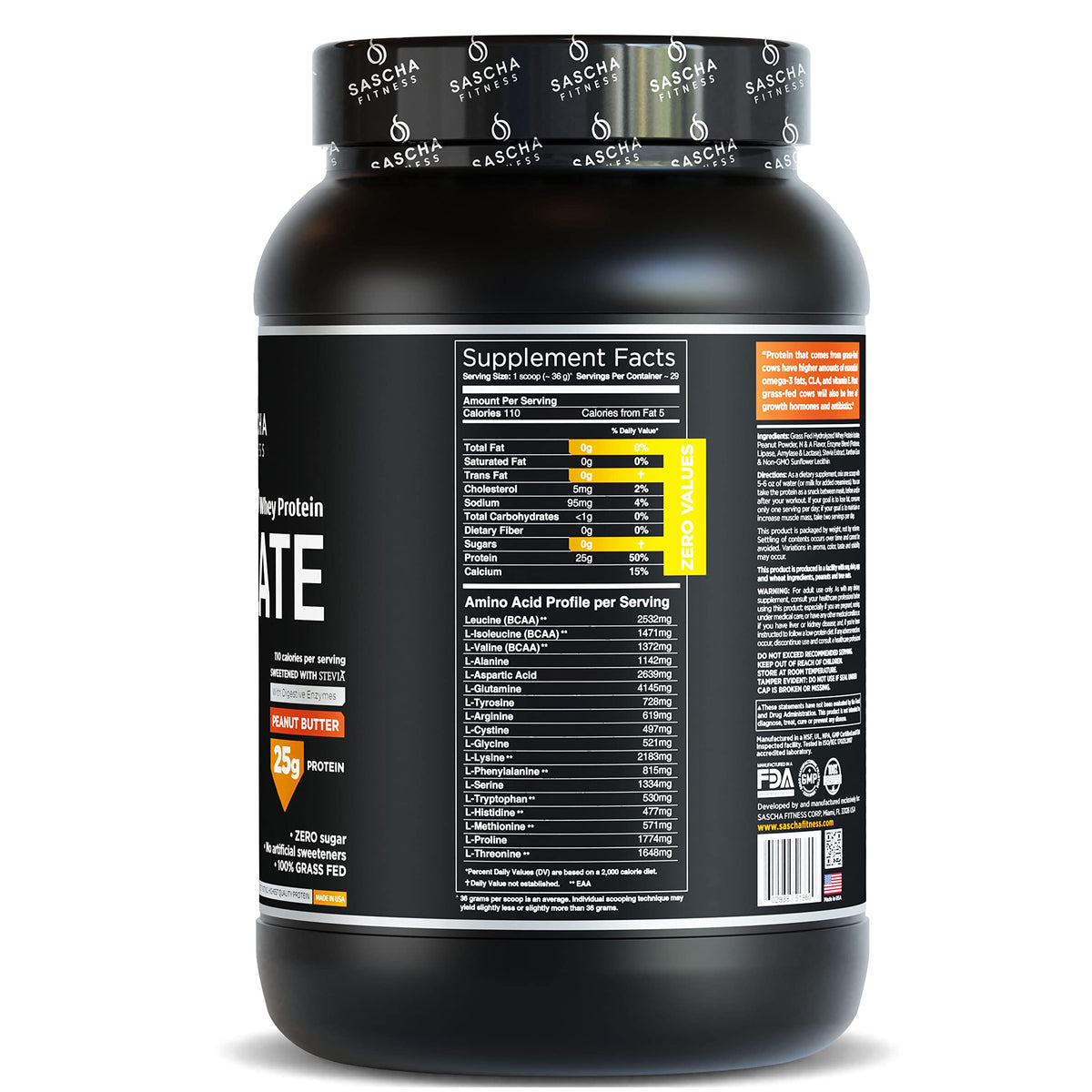 SASCHA FITNESS Hydrolyzed Whey Protein Isolate,100% Grass-Fed ,2.3 Pounds