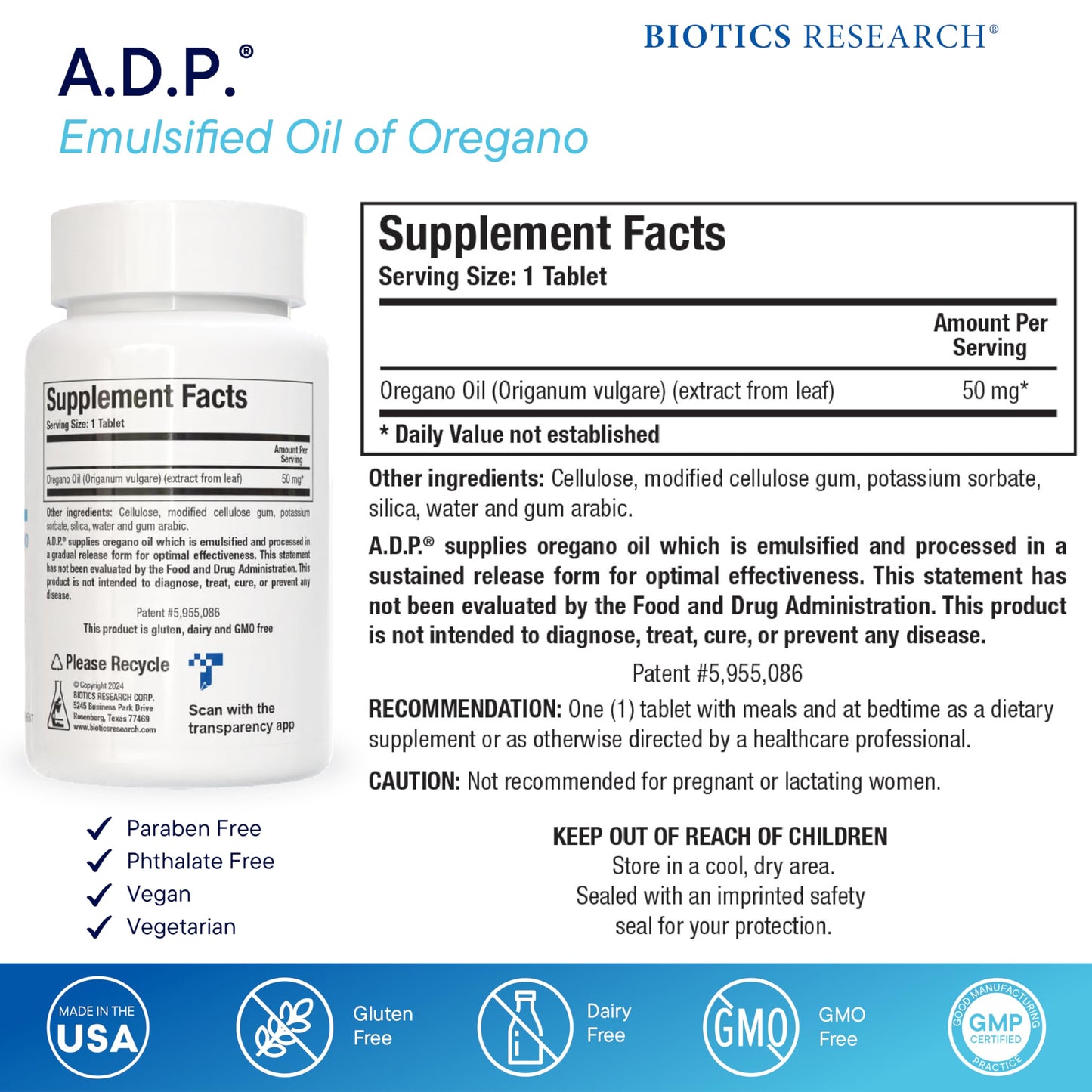 BIOTICS RESEARCH A.D.P. Emulsified Oil of Oregano Tablets for GI Health -Sustained Release for High Absorption Contains Carvacrol, Wild Oregano Oil 50mg/S - Patented Formula -Non GMO –120 Tablets