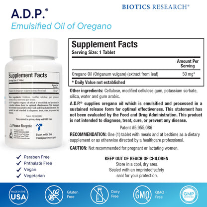 BIOTICS RESEARCH A.D.P. Emulsified Oil of Oregano Tablets for GI Health -Sustained Release for High Absorption Contains Carvacrol, Wild Oregano Oil 50mg/S - Patented Formula -Non GMO –120 Tablets