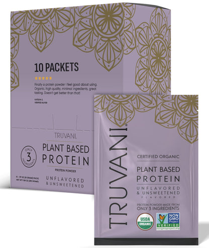 Truvani Organic Plant Based Protein Powder | Strawberry | 10 Servings | Vegan | 20g Pea Protein | Single Serving Travel Packets | Keto | Gluten & Dairy Free | Low Carb