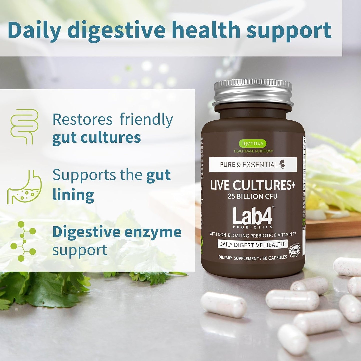 Pure & Essential Vegan Collagen Peptide Protein Powder + Live Cultures+ Lab4 Probiotics Vegan Bundle, Collagen Boosting Formula + 25 Billion CFU Lactobacillus Acidophilus & Bifidobacterium, by Igennus