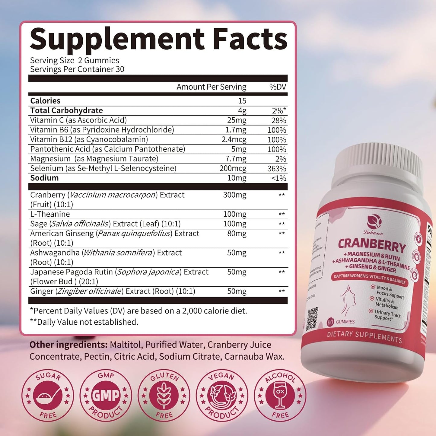 2 Pack Cranberry Gummies -Urinary Tract Health and Kidney Cleanse | High Absorption Formula with Ashwagandha, Selenium 363% DV, Ginseng&VB for Daily Antioxidant &Vitality Support-120 Gummies