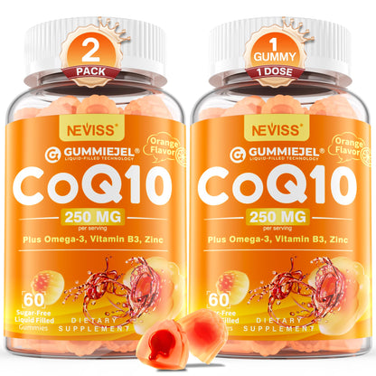 Sugar-Free CoQ10-250mg / 500mg Filled Gummies - Plus Omega-3, EPA + DHA, B3 & Zinc - Ultra Co Q-10 Supplements for Hear-t Health, Cellular Energy, Antioxidant Support, Up to 60 Day Supply, Vegan 60Cts