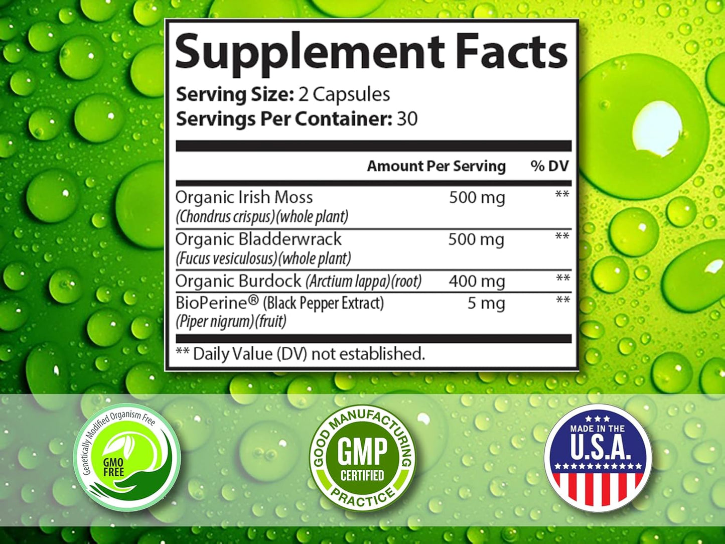 Organic Sea Moss Supplements with Bladderwrack and Burdock Root. Pure Sea Moss Supplement, Vegan, No Fillers, 60 SeaMoss Capsules with BioPerine for Maximum Benefit