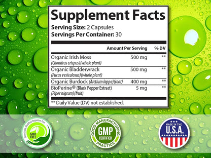 Organic Sea Moss Supplements with Bladderwrack and Burdock Root. Pure Sea Moss Supplement, Vegan, No Fillers, 60 SeaMoss Capsules with BioPerine for Maximum Benefit