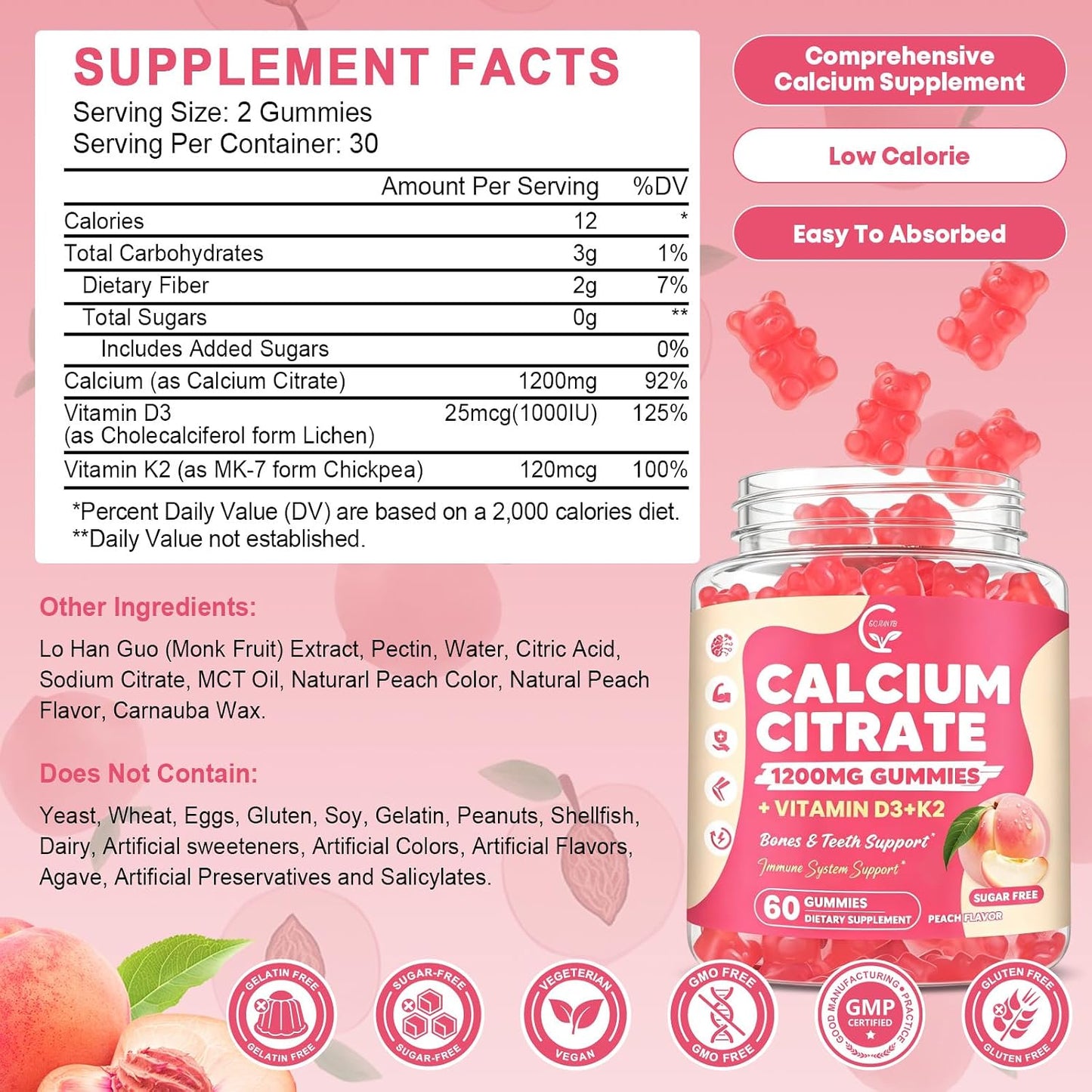 (2 Pack) Calcium Citrate Gummies 1200 mg with Vitamin D3, K2 for Bone, Muscle & Immune Support, High Absorption Chewable Calcium Supplements for Women & Men, Sugar Free, Vegan, Peach Flavor, 60 Chews
