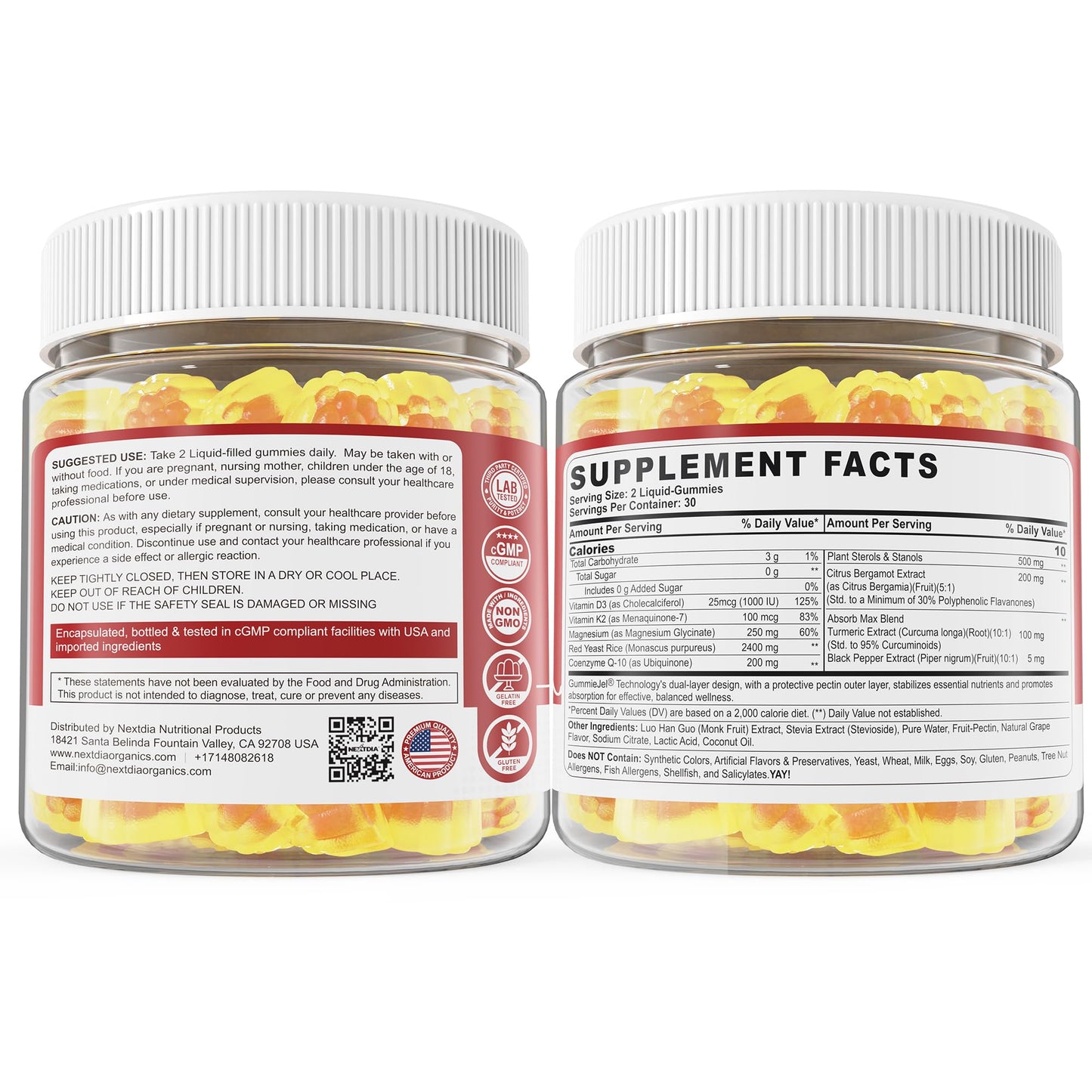 Red Yeast Rice Gummies 2400MG with CoQ10, Suagr Free Balanced Chṏlesterṏl Supplements Plus Citrus Bergamot, Plant Sterols & Stanols Supports Vḁsculḁr Health, Energy, Immunity for Age 50+,Vegan,60 Cts