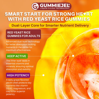 Red Yeast Rice Gummies 2400MG with CoQ10, Suagr Free Balanced Chṏlesterṏl Supplements Plus Citrus Bergamot, Plant Sterols & Stanols Supports Vḁsculḁr Health, Energy, Immunity for Age 50+,Vegan,60 Cts