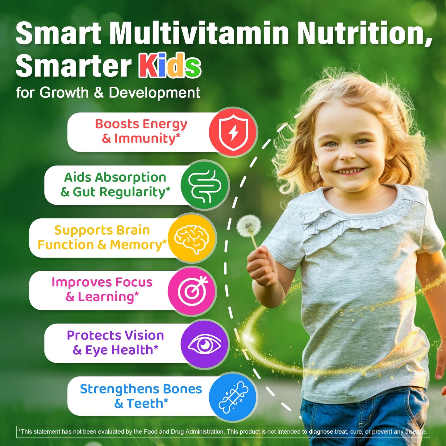 Kids Multivitamin Gummies, 20+ Super Greens Fruit Veggies Supplement Superfood Daily Fiber Gummies for Picky Eater with Probiotics Kids Gummy Vitamins & Minerals for Growth, Gut, Immune Support, 60Cts