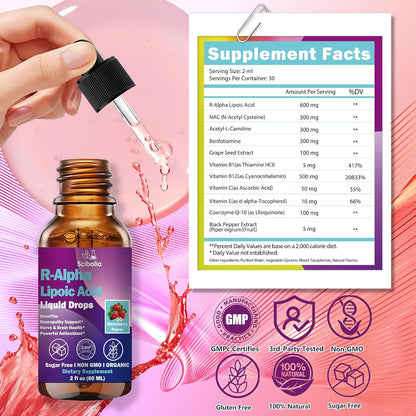 R Alpha Lipoic Acid 600mg Liquid Drops for Neuropathy, Advanced 11-in-1 Stabilized R-ALA Supplement w. Benfotiamine Acetyl L-Carnitine Vitamin C E for Antioxidant Nerve Brain Energy Health Non GMO