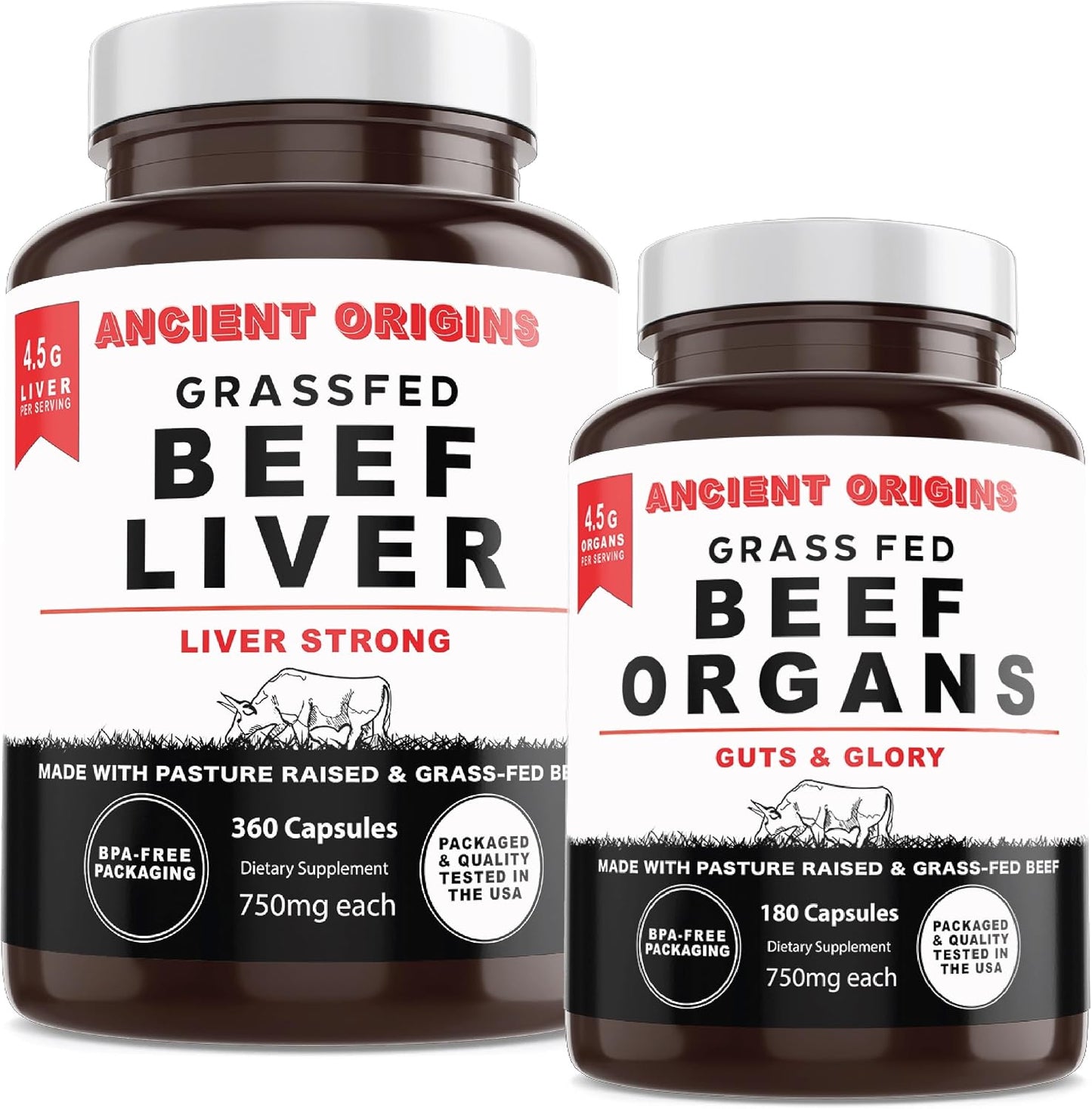 Ancient Origins Grass Fed Beef Organs (180 Count) and Liver (360 Count)