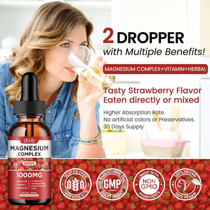 Triple Magnesium Complex Supplement, Magnesium Glycinate, Blend, Citrate Liquid Drops 1000mg with Ashwagandha, CoQ10, Vitamin B6, C, D, Zinc -Support Calm Stress Relief, Bone, Muscle, Mood Vegan