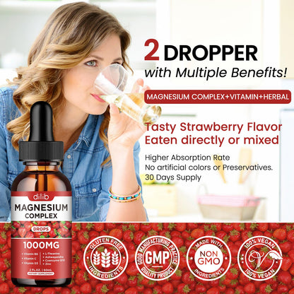 Triple Magnesium Complex Supplement, Magnesium Glycinate, Blend, Citrate Liquid Drops 1000mg with Ashwagandha, CoQ10, Vitamin B6, C, D, Zinc -Support Calm Stress Relief, Bone, Muscle, Mood Vegan