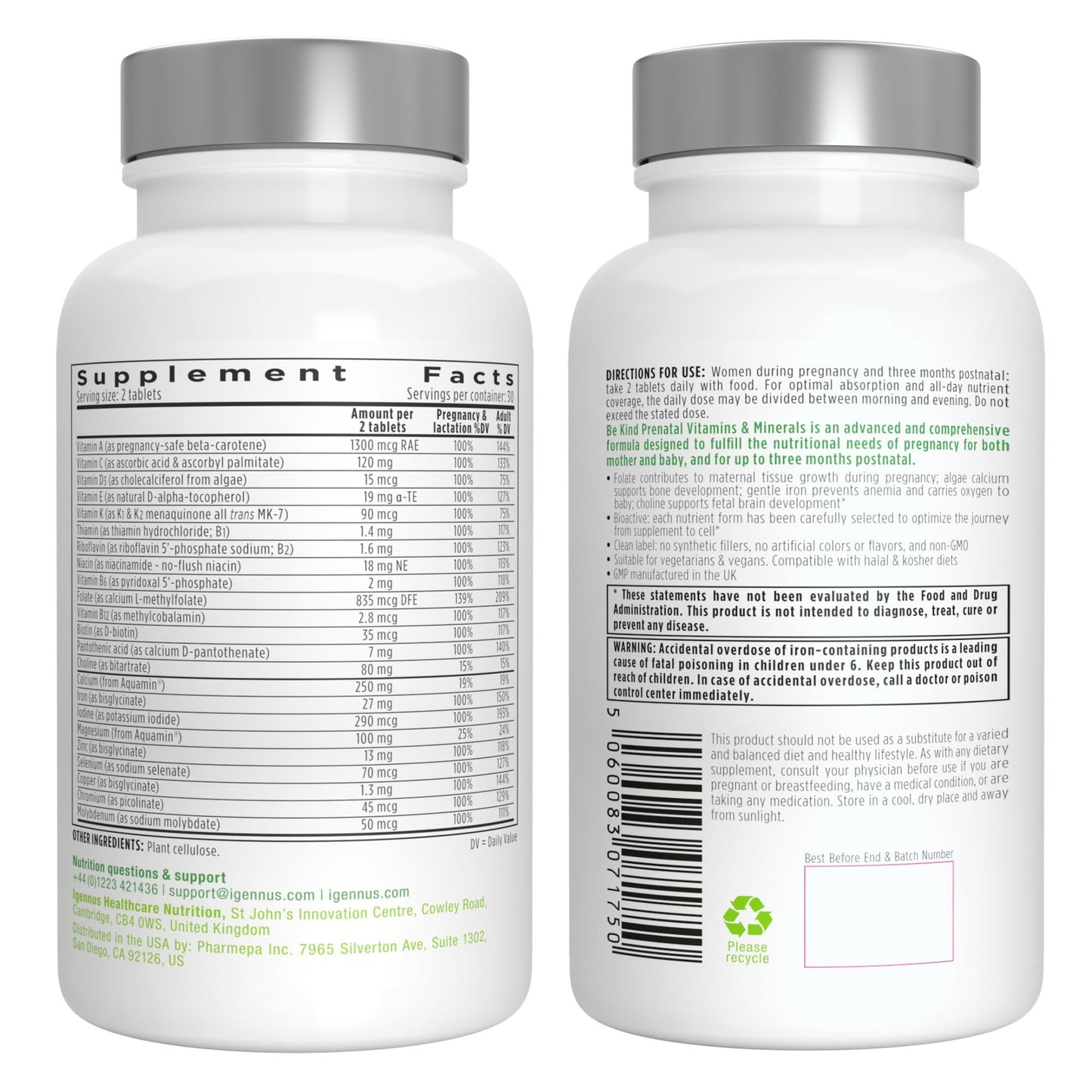Igennus Methylated Prenatal Multivitamin for Women, Folate for MTHFR, High Absorption, Pure & Clean, Gentle Iron, Choline, Calcium & Magnesium, Vegan Pregnancy Vitamins, Halal, Non-GMO, 60 Tablets