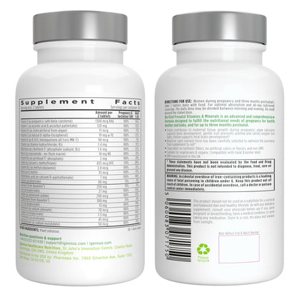 Igennus Methylated Prenatal Multivitamin for Women, Folate for MTHFR, High Absorption, Pure & Clean, Gentle Iron, Choline, Calcium & Magnesium, Vegan Pregnancy Vitamins, Halal, Non-GMO, 60 Tablets