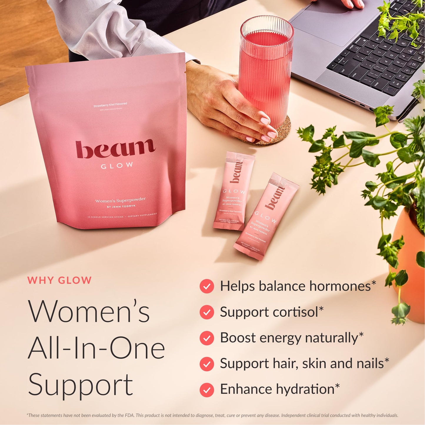 BEAM Glow Hormone Support & Cortisol Supplement for Women - Daily Vitamins for Women with Ashwagandha, Selenium, Zinc, Vitamin A, Biotin for Cycle Health, Mood & Energy, Strawberry Kiwi, 15 Servings
