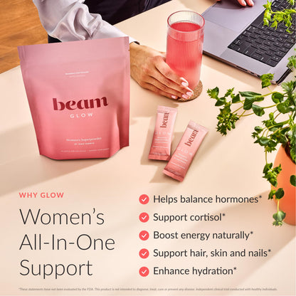 BEAM Glow Hormone Support & Cortisol Supplement for Women - Daily Vitamins for Women with Ashwagandha, Selenium, Zinc, Vitamin A, Biotin for Cycle Health, Mood & Energy, Strawberry Kiwi, 15 Servings