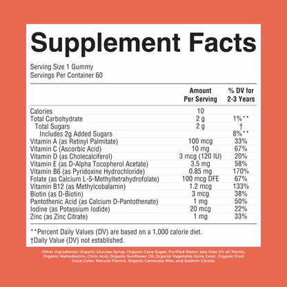 MaryRuth's Toddler Multivitamin Gummies | USDA Organic | 2 Month Supply | Kid & Toddlers Age 2+ Daily Multivitamin: Vitamin C, D3, Zinc | Kids Vitamins | Only 1 Gummy Per Day | 60 Ct (60 Day Supply)