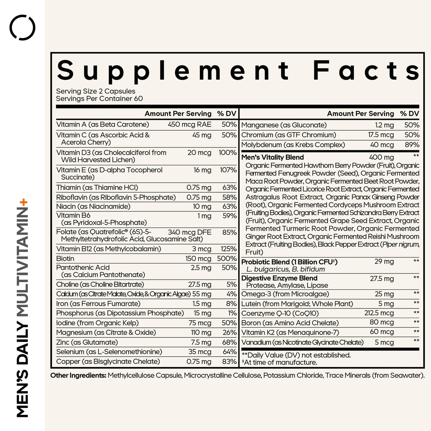 Codeage Men’s Daily Multivitamin – 25+ Essential Vitamins & Minerals, Organic Whole Foods, Probiotics, Omega-3, Zinc, Vitamins A, B, C, D, E & K – 120 Capsules