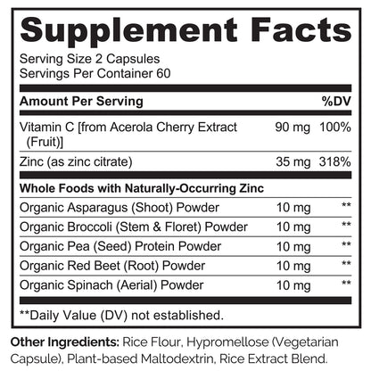 NATURELO Vegan Zinc Immune Support Capsules - Whole Food Complex with Vitamin C for Healthy Skin, Hair, and Nails - 120 Capsules
