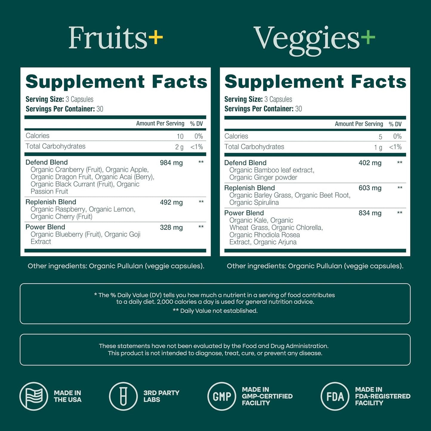 USDA Organic Fruits and Veggies Supplement, 31 Whole Foods, 180 Vegan Ct | Food berry & greens supplements blend for energy, immune & digestive support, vegan, non-GMO, gluten free, third-party tested