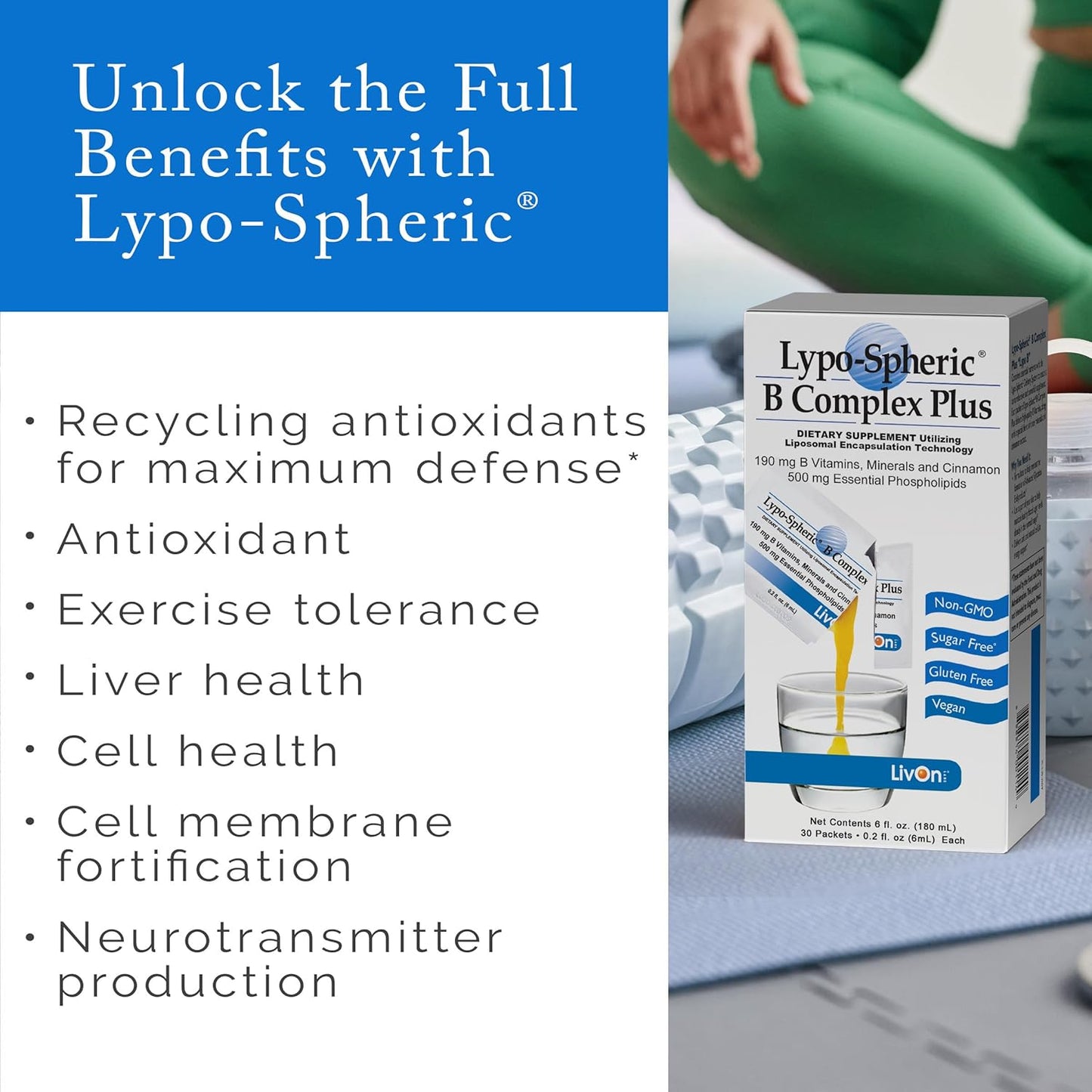 LivOn Laboratories Lypo–Spheric B Complex Plus – 30 Packets – 195 mg B Vitamins, Minerals & Cinnamon Per Packet – Liposome Encapsulated for Improved Absorption – 100% Non–GMO